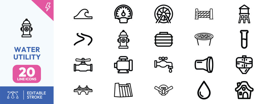 Minimalist line icon set featuring essential water utility infrastructure supply management and distribution service symbols