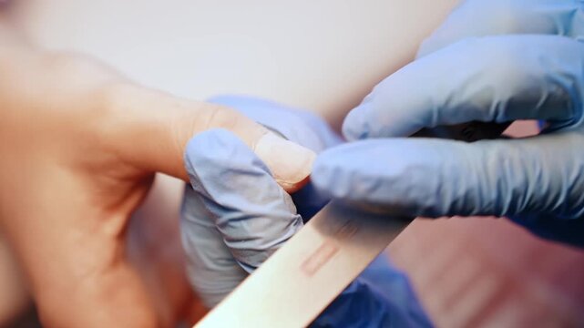 Macro salon shot of a gloved nail technician refining the free edge of a natural thumbnail with an emery board during detailed manicure shaping.