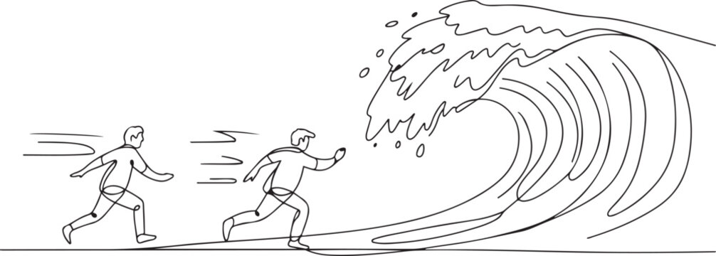 People are running away from the oncoming wave. Natural disaster. one line art icon drawing vector