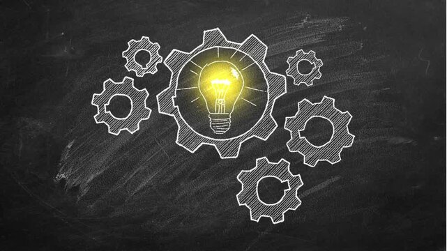 gear and light bulb innovation chalkboard animation - Chalk-style animation of gears rotating around a glowing light bulb, representing innovation, engineering, and ideas.