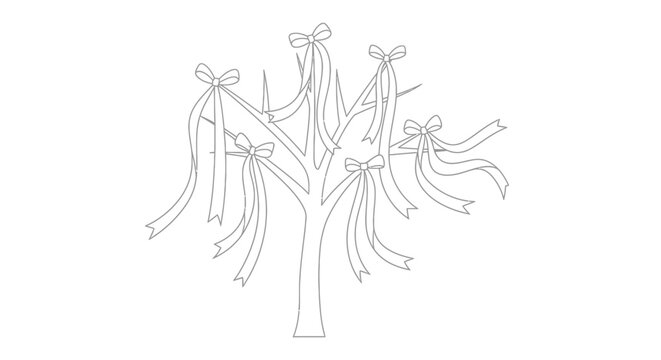 Decorative Tree with Ribbons and Bows - Line Art Illustration