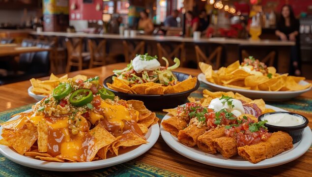Tex-Mex cuisine, including nachos, flautas, and various appetizers.