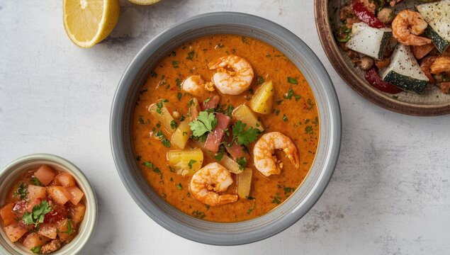 Top view of Chupe de Camarones, a Peruvian shrimp soup in a gray bowl.