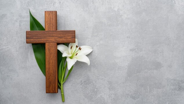Top view of a grey backdrop featuring a lily and wooden cross, with room for text.