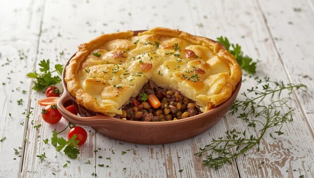 Traditional British dish of Shepherd's or Cottage Pie on a white wooden surface.