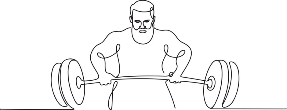 Beard Man Weight Lifting one line drawing. Beard Man Weight Lifting single line illustration. one line art icon drawing vector