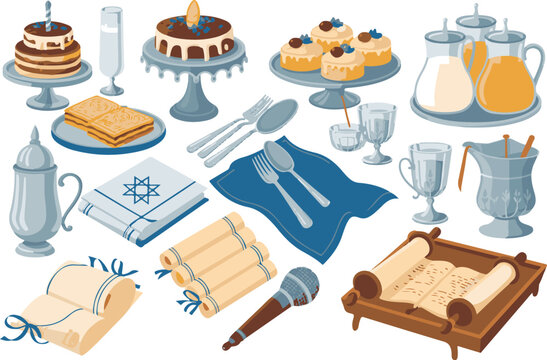 Jewish celebration spread with challah bread and scrolls.