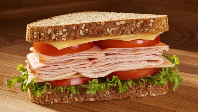 Whole grain sandwich containing turkey, ham, cheese, lettuce, and tomato.