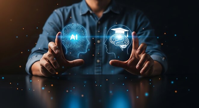 Hands interact with glowing AI and educational brain icons, symbolizing artificial intelligence integrated with learning and human intelligence development.
