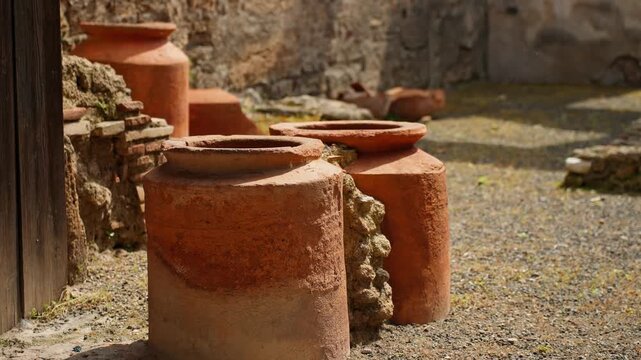 Close-up of terracotta storage jars in Pompeii, showing sunlit Roman household vessels and weathered archaeological details in an ancient courtyard.