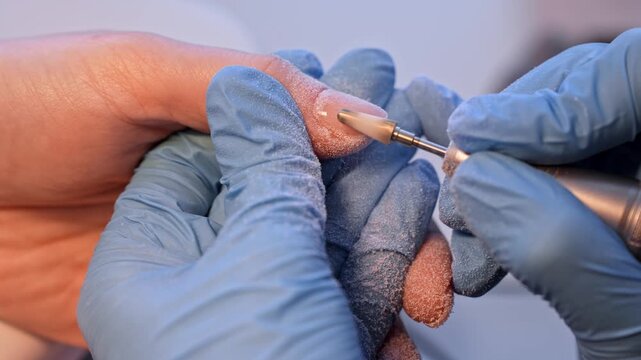 Macro beauty shot of a manicurist refining a thumbnail with an electric file, capturing dust, precision, and hygienic nail care during a professional salon treatment.