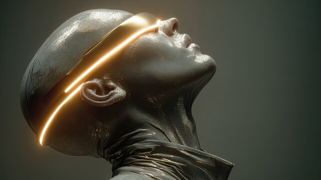 Futuristic Metallic Head with Glowing Visor Abstract Conceptual Art