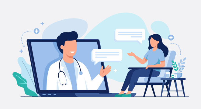 Online doctor video consultation on laptop with patient at home, telehealth flat vector illustration banner