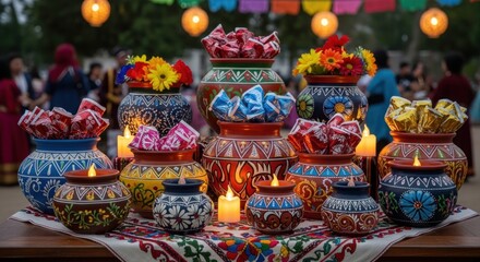 Fototapeta premium Colorful Decorated Vases with Flowers, Candles, and Candies at Outdoor Festival