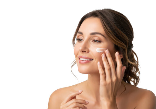 Beautiful woman applying skincare face cream beauty routine isolated on transparent background