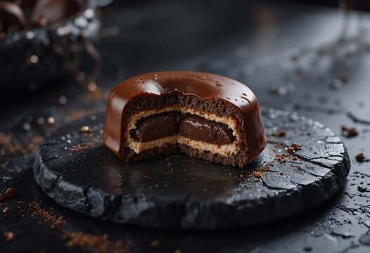 A gourmet chocolate alfajor with a rich ganache center and smooth glaze coating displayed elegantly on a dark rustic stone plate for a premium dessert