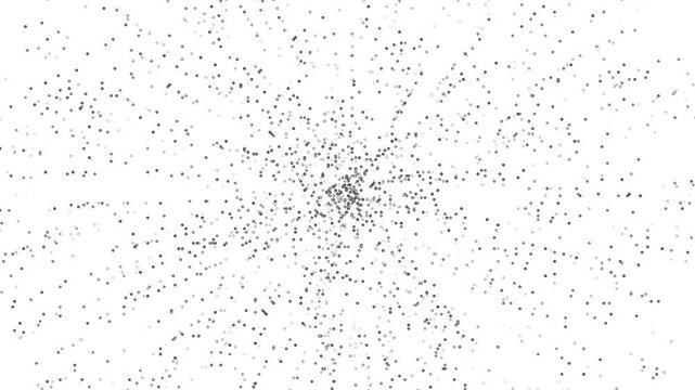 Black pixelated particles exploding in tunnel effect animation on white background