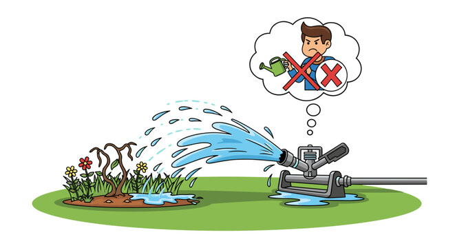 Inefficient Sprinkler Watering Cartoon Concept: Poor Irrigation Methods, Wasteful Water Use, with Angry Character Suggesting No Watering Can, Isolated on transparent background