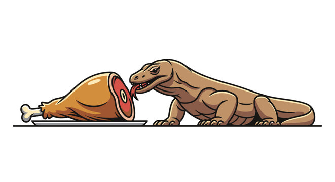 Hungry Komodo Dragon Cartoon Vector Illustration, Eyeing Delicious Roasted Meat, Food Obsession, Isolated on transparent background for playful children designs