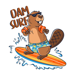 Cartoon beaver on surfboard smiling. © MuhArif