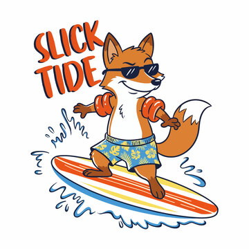 Cartoon Fox Wearing Sunglasses Surfing.