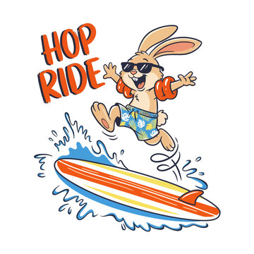 Cartoon rabbit on surfboard jumping.