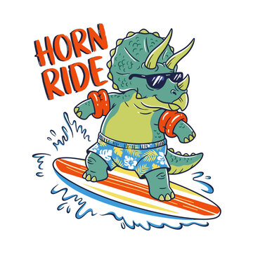 Dinosaur Wearing Sunglasses Riding Surfboard.