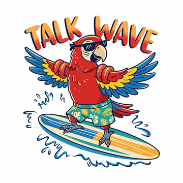 Colorful Parrot on Surfboard Riding Wave.