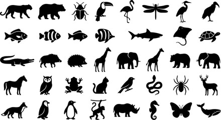 Fototapeta premium Collection of black silhouette animal illustrations depicting wildlife creatures for nature or education projects. 