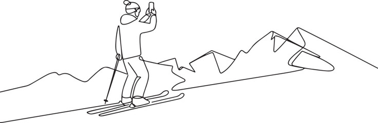 A skier stands at the edge of a slope. A skier takes pictures of a mountain landscape on his phone. one line art icon drawing vector © mst