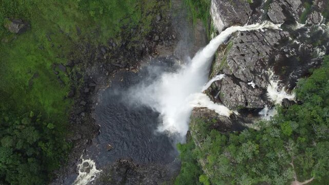 Aerial drone footage of Chapada dos Veadeiros National Park, Salto Waterfall 120m