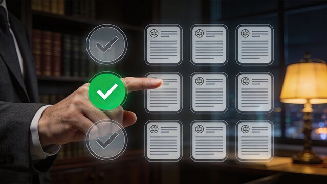 Businessman selecting digital document legal contract approval on virtual interface office compliance corporate law data management executive decision making financial audit