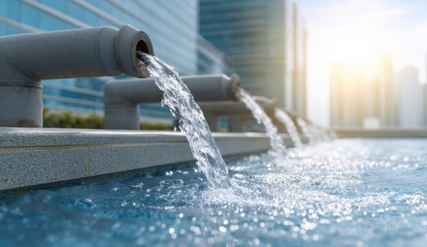 Water being poured into an outdoor swimming pool from multiple sources, with a focus on flowing water and pool edge, during daytime