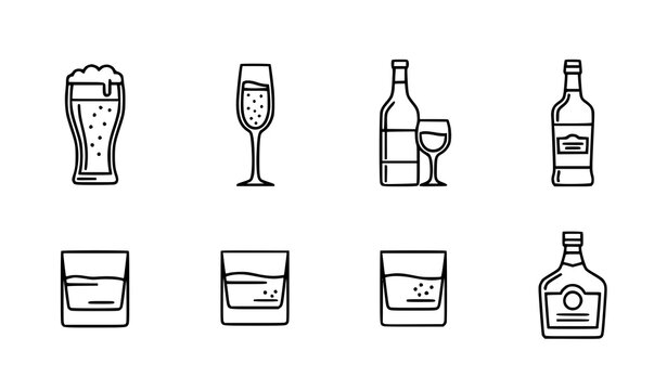 Alcohol beverage icons set vector thin line beer wine whiskey champagne glass and bottle pictograms isolated white background