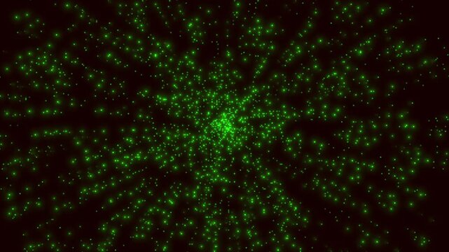 Green glowing light particles expanding animation on black background