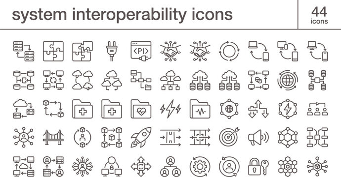 System interoperability icons in modern outline style for API integration data exchange network communication dashboard interface and scalable platforms