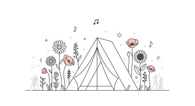 Summer Camp Adventure: Tent Surrounded by Flowers, Music Notes, and Dancing Figures
