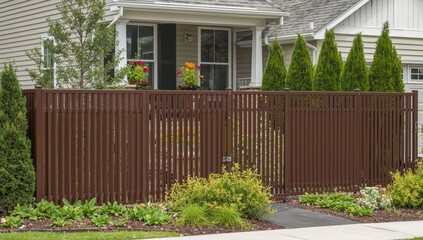 Fototapeta premium House fencing. Suburban home fence facade. Arborvitae and ornamental shrubs planted. Brown corrugated sheet fence for rural home. Exterior of corrugated metal wall.