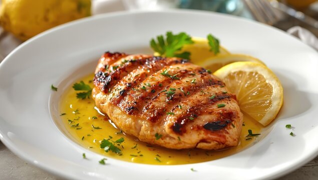 butter, lemon, and garlic grilled chicken on a white dish
