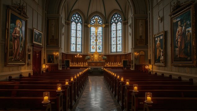 church service with candles and a cross