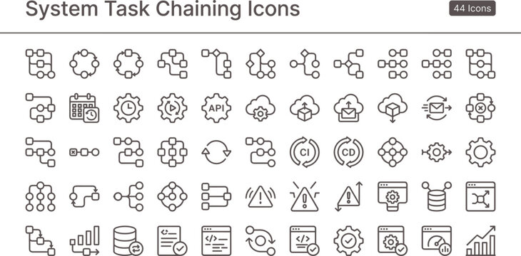 System task chaining icon set in modern outline style for workflow automation dashboard interface and process sequencing systems