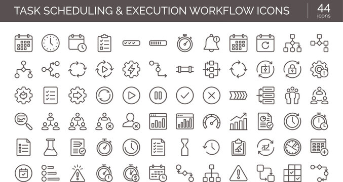 Task scheduling execution workflow icons in clean outline style for automation dashboard interface and process management systems