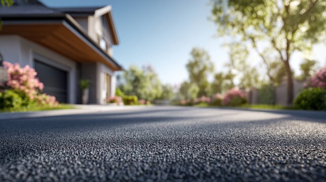 A freshly paved asphalt road with detailed texture and subtle reflections, surrounded by a lush green landscape and a house in the background under a clear blue sky