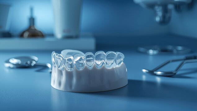 Personalized clear dental night guard for sleep, bruxism, and teeth grinding prevention, orthodontic protective device on tooth model, blue backdrop.
