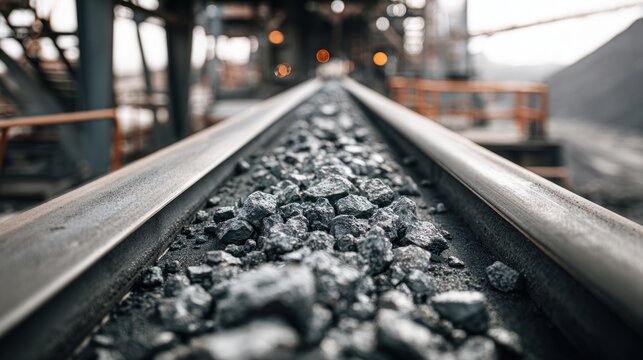 A railway track with gravel and steel rails in an industrial setting