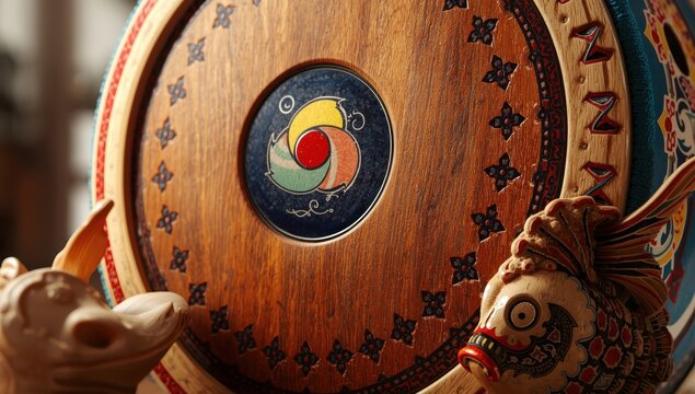 Detailed view of a classic Korean drum and fish figure featuring vibrant designs and a Taeguk emblem.