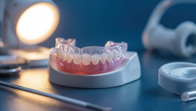 Personalized clear dental night guard for sleep, bruxism, and teeth grinding prevention, fitted orthodontic device on a teeth model, with a blue backdrop.