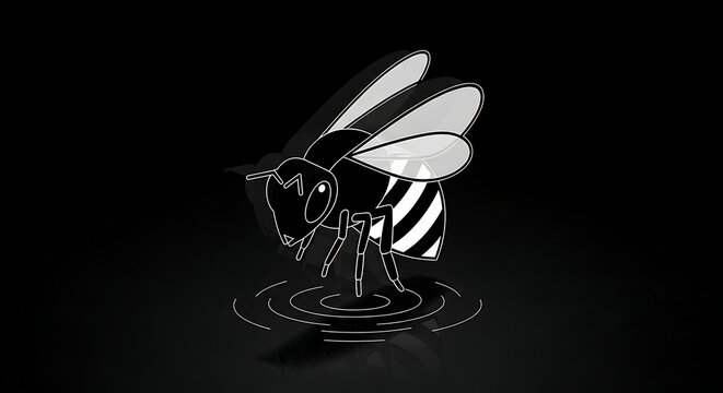 Stylized black and white bee with striped abdomen isolated on a dark background, reflecting its shape, insect emblem, entomology symbol, minimal nature graphic