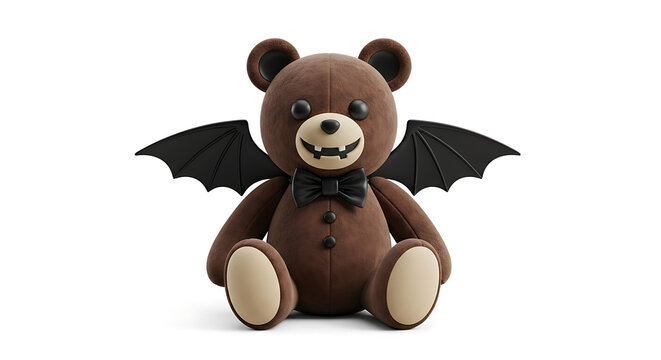 Spooky teddy bear with bat wings and fangs, halloween character, dark fantasy, cute monster, isolated on white