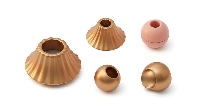 Set of decorative beads and charms, metallic gold and rose gold cones and spheres with intricate textures, isolated on white for jewelry making supplies